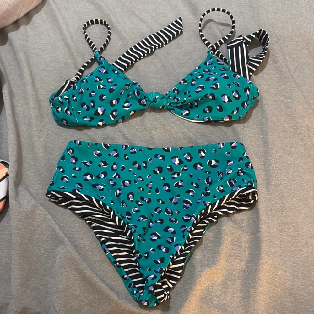 Striped and Teal Leopard Bikini Set reversible